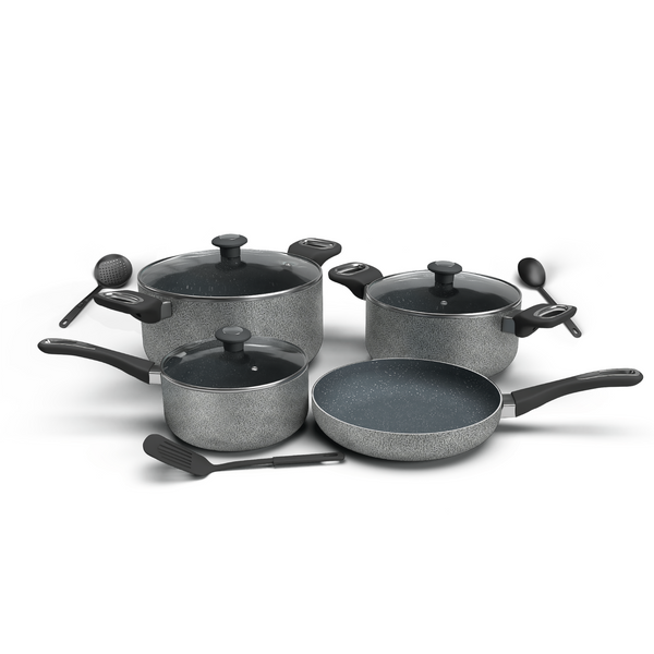 LOCHAS Pots And Pans Set Nonstick, Granite Induction Kitchen Cookware Sets,  5Pcs Non Stick Cooking Set, Dishwasher Safe (Brown)