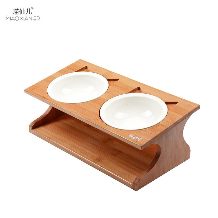 Miaoxianer pet bowl solid wood bowl pet dining table gold height protection cervical double bowl cat and dog bowl explosion version