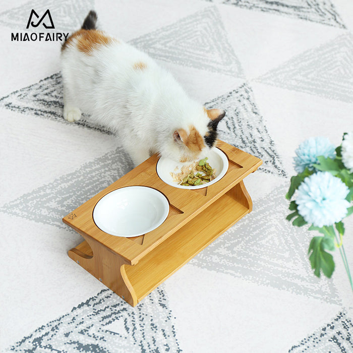 Miaoxianer pet bowl solid wood bowl pet dining table gold height protection cervical double bowl cat and dog bowl explosion version