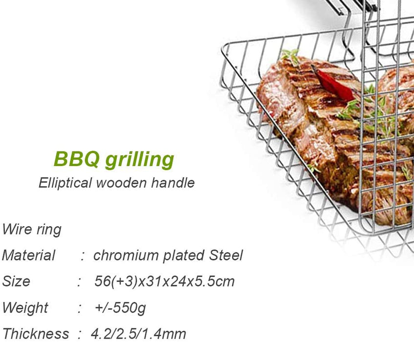 XPO Barbeque Grill with Wooden Handle, Stainless Steel | For Meat, Fish, Vegetable BBQ (24cm x 21cm x 5cm)