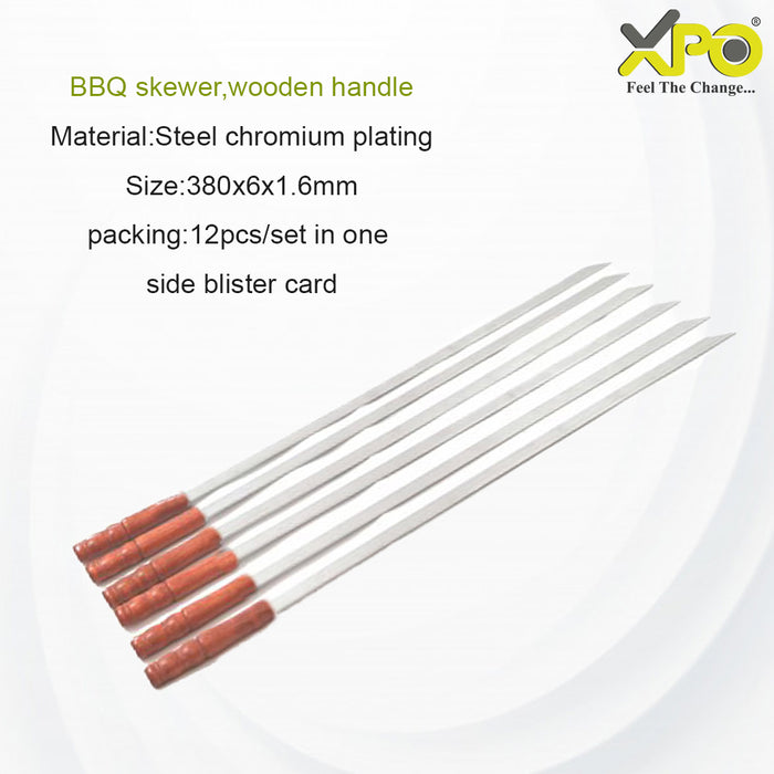 XPO Barbeque Skewers, Chromium Plated Steel with Wooden Handle, Pack of 12 (380mm)