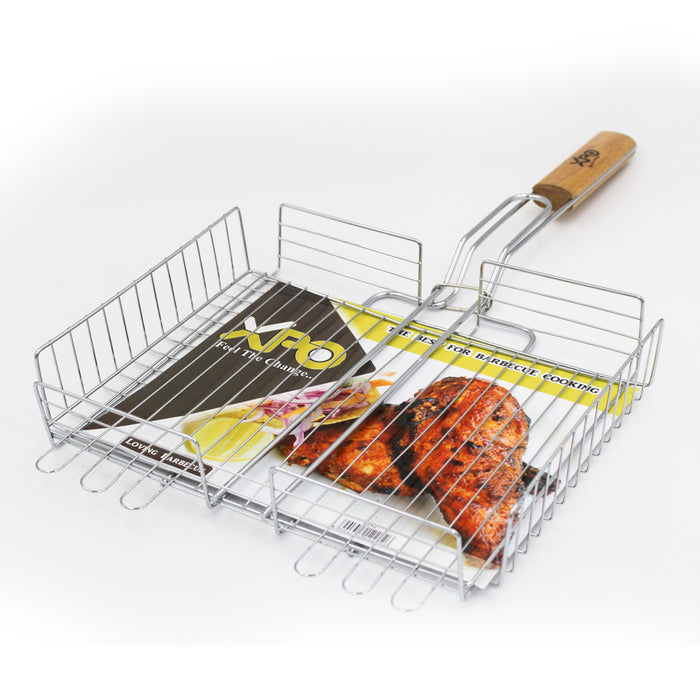 XPO Reversible Barbeque Grill with Wooden Handle, Stainless Steel | For Meat, Fish, Vegetable BBQ (40x30x7)