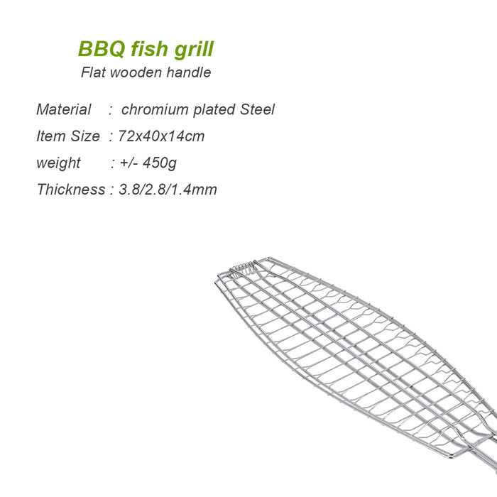XPO Reversible Barbeque Grill with Wooden Handle, Stainless Steel | For Meat, Fish, Vegetable BBQ (40x14 Fish)